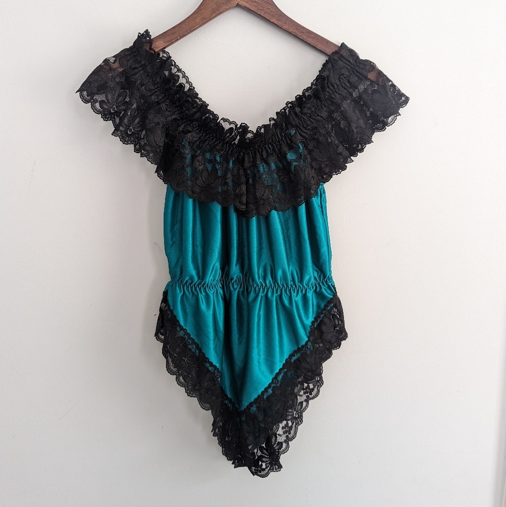 Vintage Dolores For Poirette Teal and Black Lace Off-Shoulder Bodysuit Large Usa
